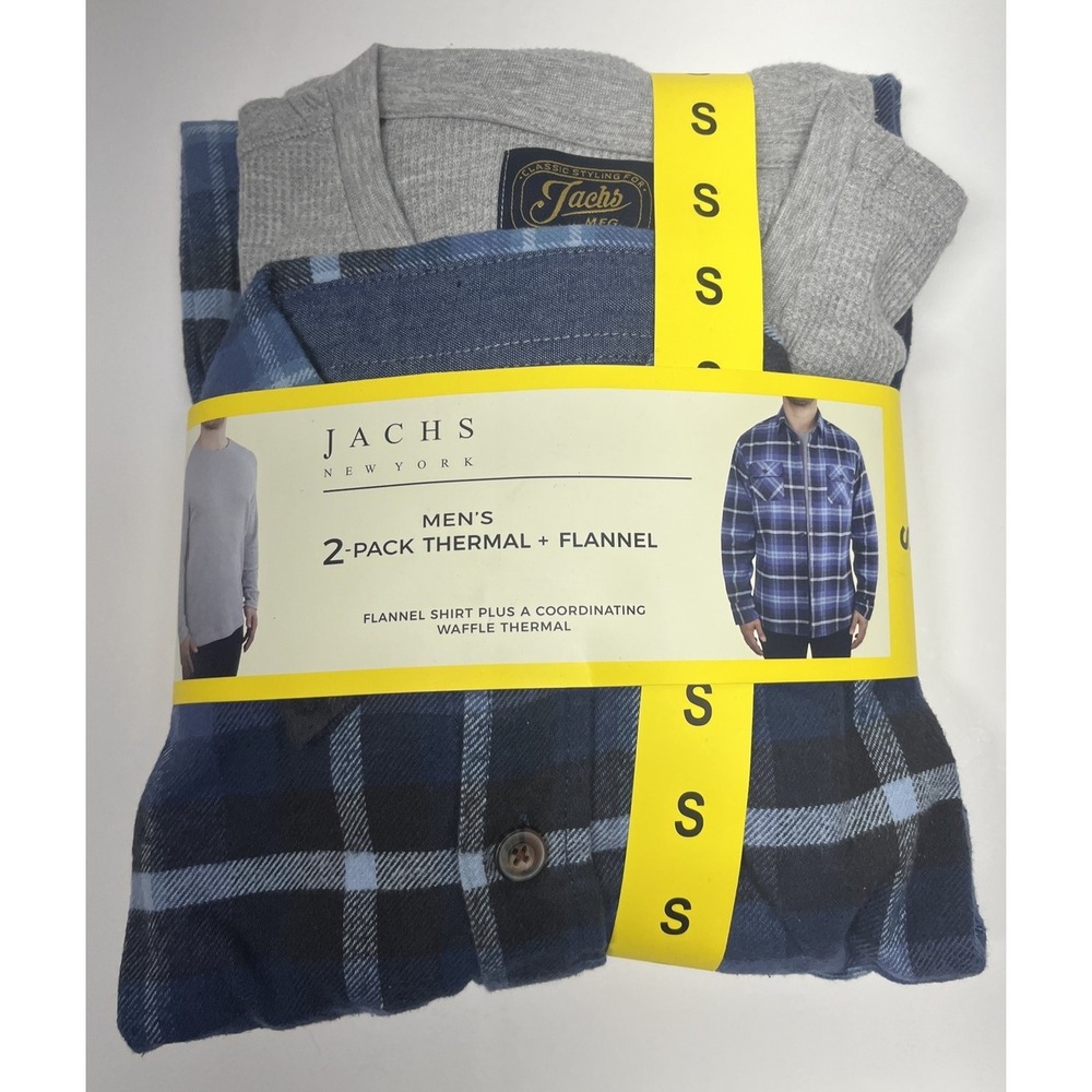 Jachs NY Mens 2-Pack Thermal and Flannel Shirt Set Blue Plaid Grey Waffle Small